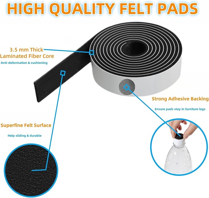 Furnigear Felt Strips with Adhesive Backing Heavy Duty Cuttable Felt Tape Roll