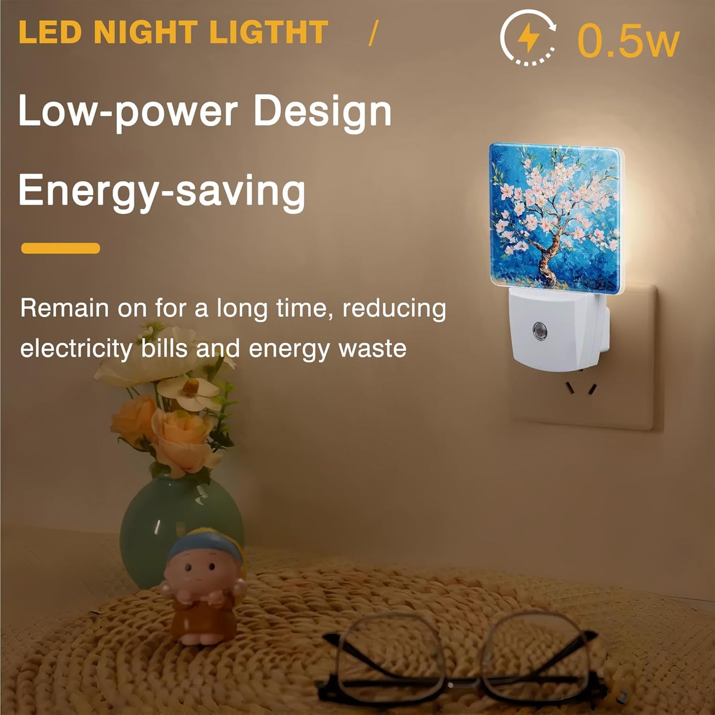 Night Light Blossoming Almond Tree Night Lights Plug into Wall Smart Dusk to Dawn Sensor 0.5W Energy Efficient Led Lamp for Men Women Bedroom Bathroom Hallway Stairway Decor