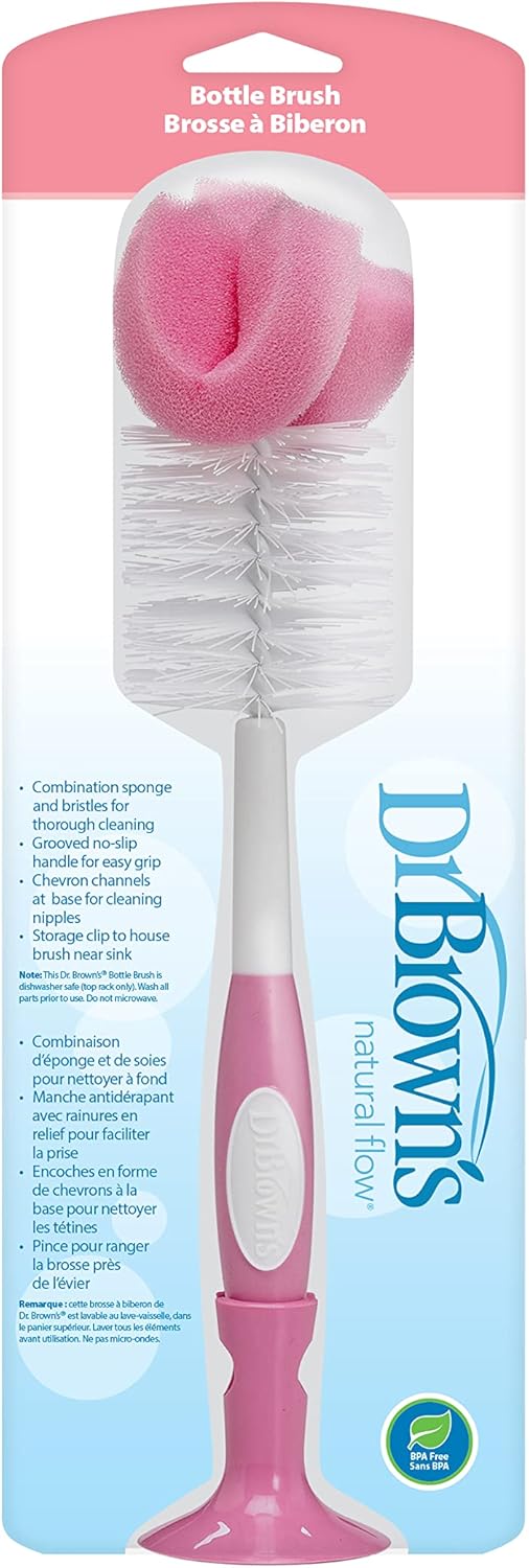 Dr. Brown's Reusable Sponge Baby Bottle Cleaning Brush with Suction Cup Stand, Scrubber and Nipple Cleaner, Pink 1-Pack