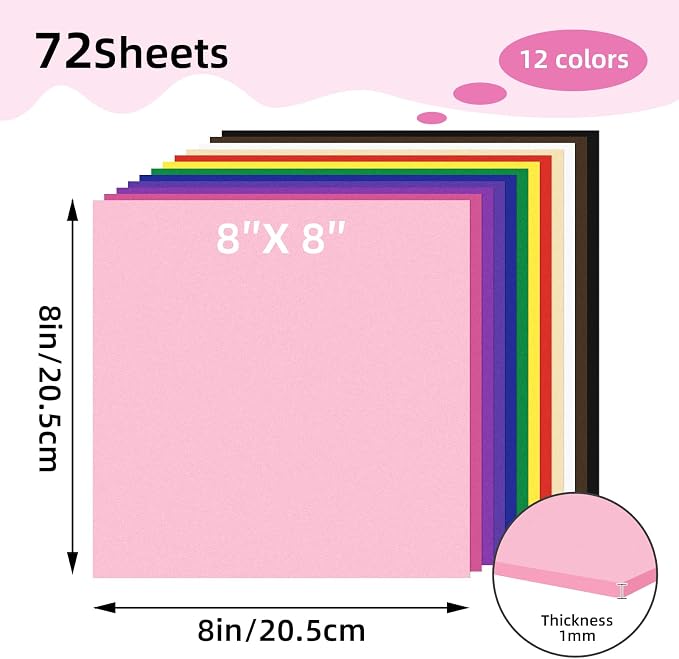 72 Pack Foam Sheets, 8x8IN 12 Color Foam Paper 1MM Foam Craft Sheets