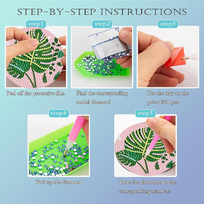 Clendo 8 Pcs Green Plants Diamond Painting Coasters Kits