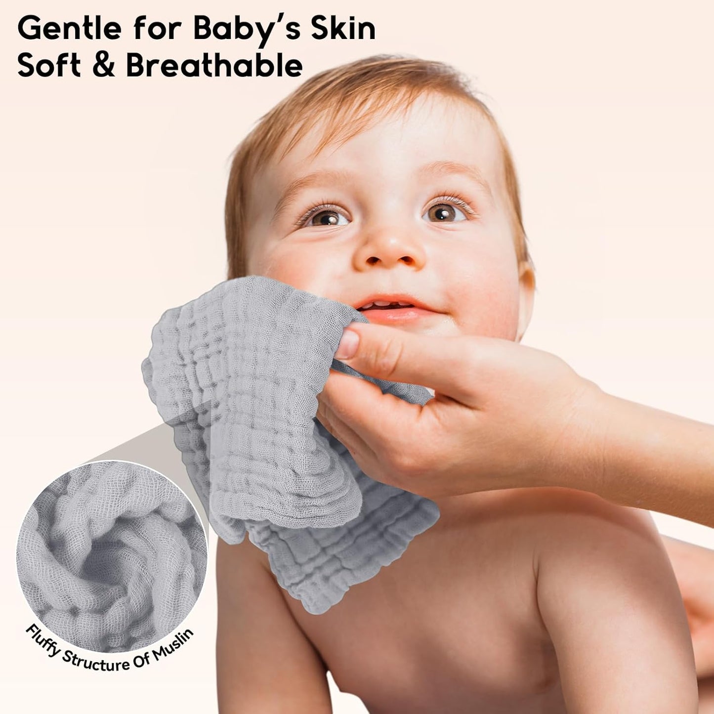 Muslin Baby Washcloths 6 Pack, 100% Cotton Wash Cloths for Babies, Large 12''X12'' Burp Cloths Absorbent and Soft for Newborn Infants Kids Boys Girls - Light Gray