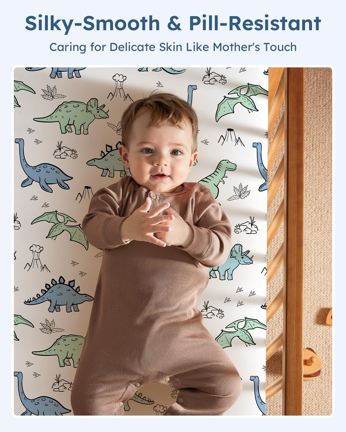 Pack and Play Sheets Fitted 3 Pack, Mini Crib Sheets for Pack N Play Mattress Stretchy Portable Playard Sheets, Soft Breathable Green & Blue Dinosaur