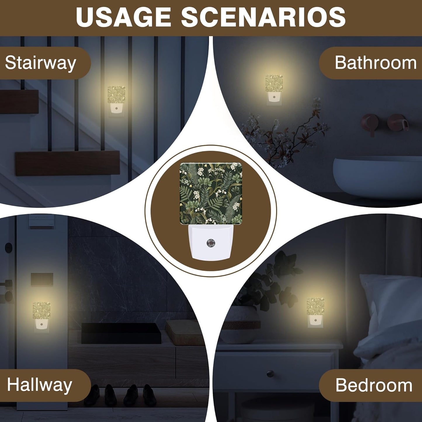 Botanical White Flowers Berries and Green Leaves Night Light, Plug-in Nightlight with Dusk to Dawn Auto Sensor for Home Bedroom Hallway Kitchen 0.5W Sleep Friendly Led Lamp for Women Men