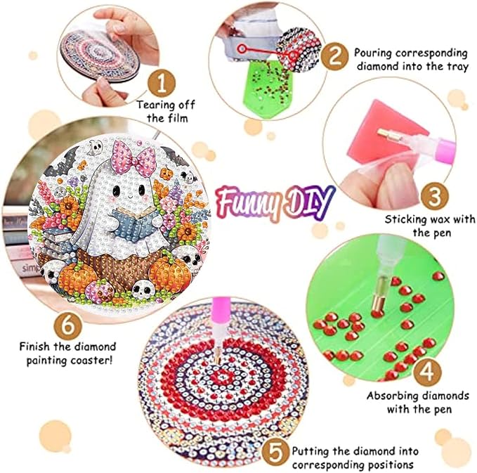 8 Pack Diamond Art Coasters, Halloween Ghost Diamond Painting Coasters Kits |