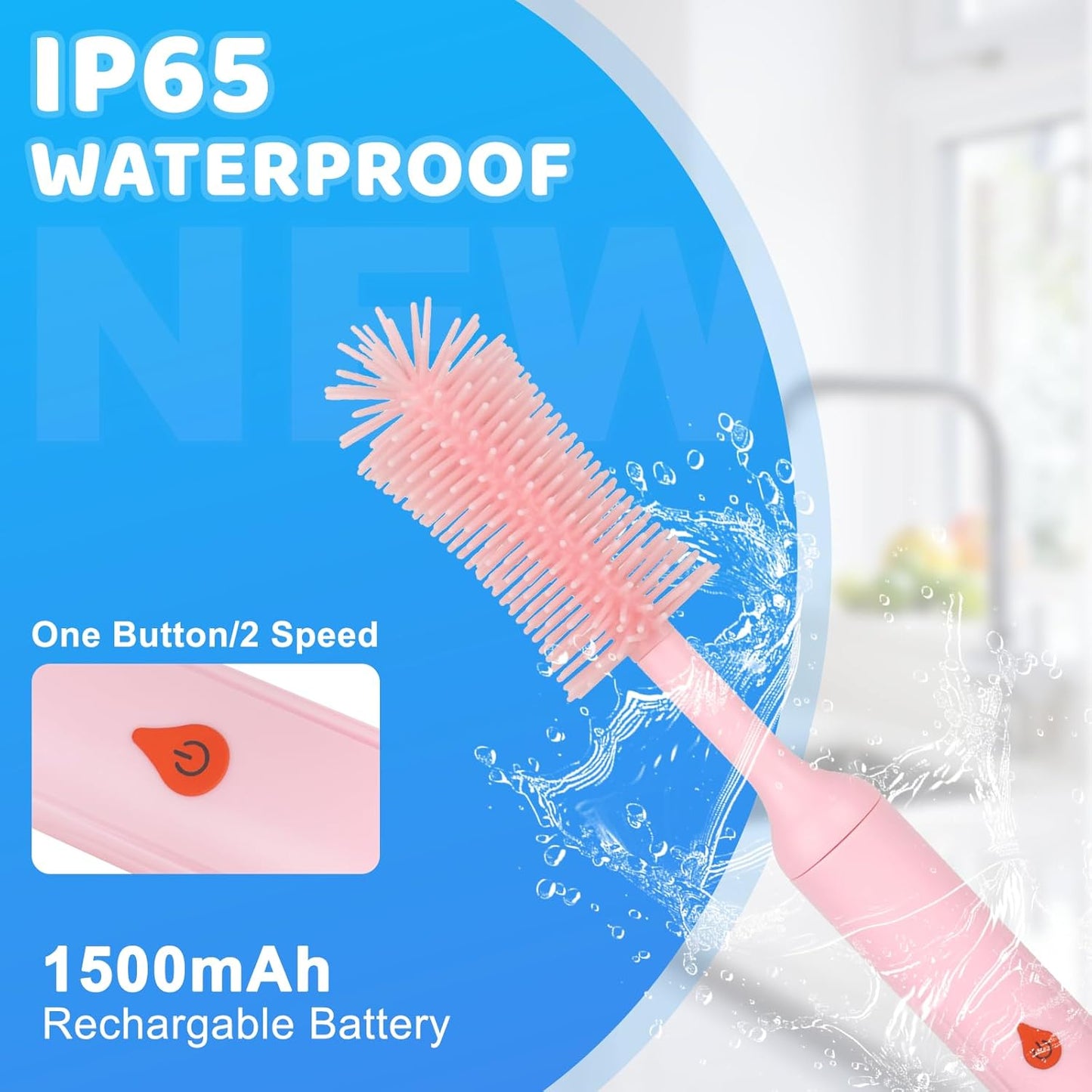 Electric Bottle Brush Cleaner, Bottle Brush Cleaner Baby with Nipple/Straw Cleaner Brush and Replaceable Silicone Bottle Brush, Waterproof Electric Bottle Cleaner, 2 Modes & 360° Rotation, Pink