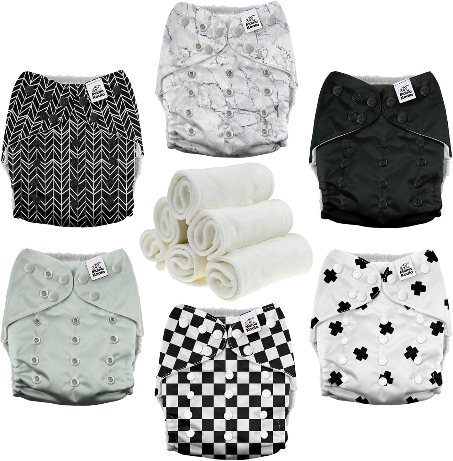 Mama Koala 3.0 Pocket Cloth Diapers for Babies with AWJ Lining, 6 Pack with 6 4-Layer Natural Cloth Diaper Inserts - Reusable and Washable Pocket Diapers (Black and White)