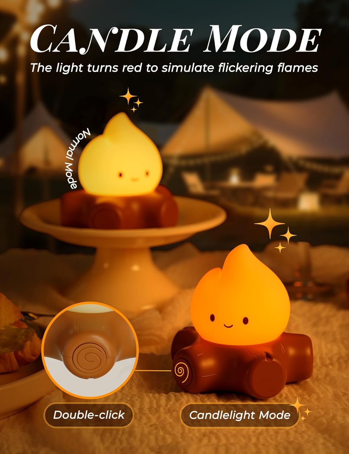 Chibi Campfire Night Light, Silicone, LED Light up Flame Lights, Dimmable, Rechargeable Bedside Nightlight, Baby Nursery Dorm Kawaii Lamp Décor