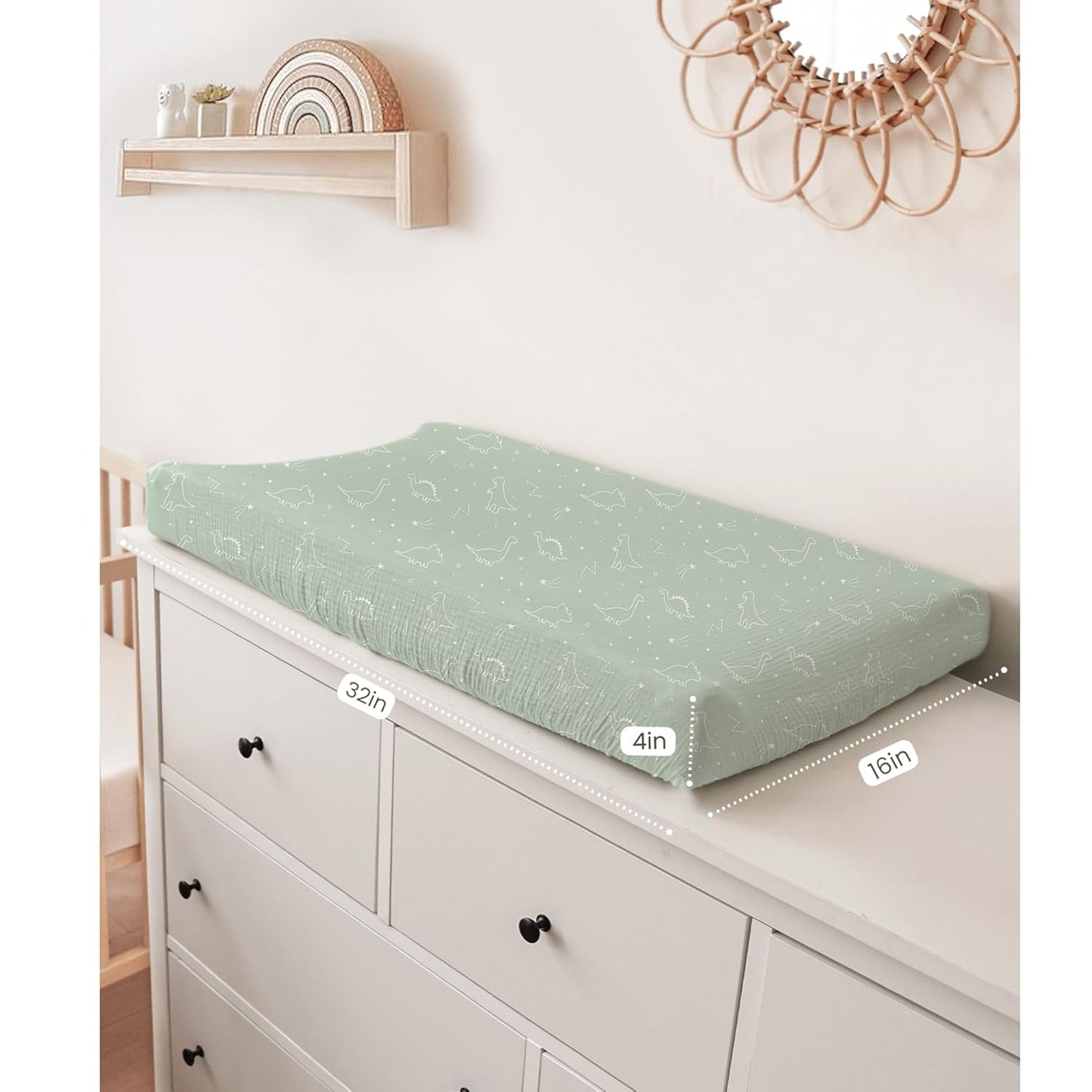 Konssy 2 Pack Muslin Changing Pad Covers for Boys, Ultra Soft & Breathable Cotton Baby Diaper Changing Table Covers, Neutral Nursery Diaper Changing Pad Sheets (Dino Jungle,Sage Dino