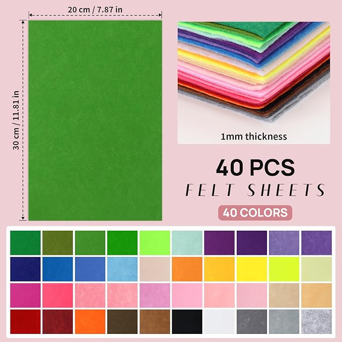 40 Pcs Colored Felt Fabric Sheets, 8 Inch X 12 Inch 1mm Craft Felt, Felt Sheets