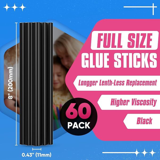 EZUVITA 60-Pack Full Size Hot Glue Sticks, 0.43” Dia x 8” Long | Black