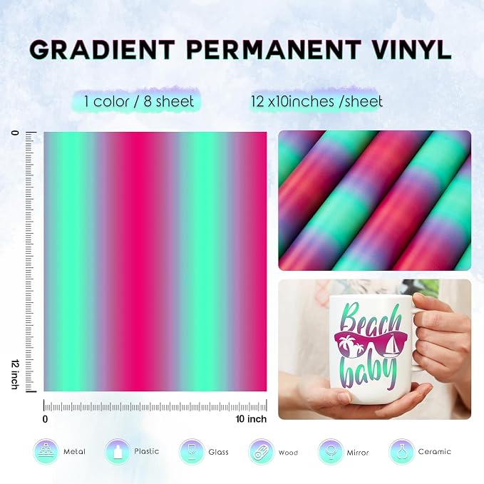 Tintnut Gradient Permanent Vinyl 8 Pcs12x10in Pink Blue Adhesive Vinyl |