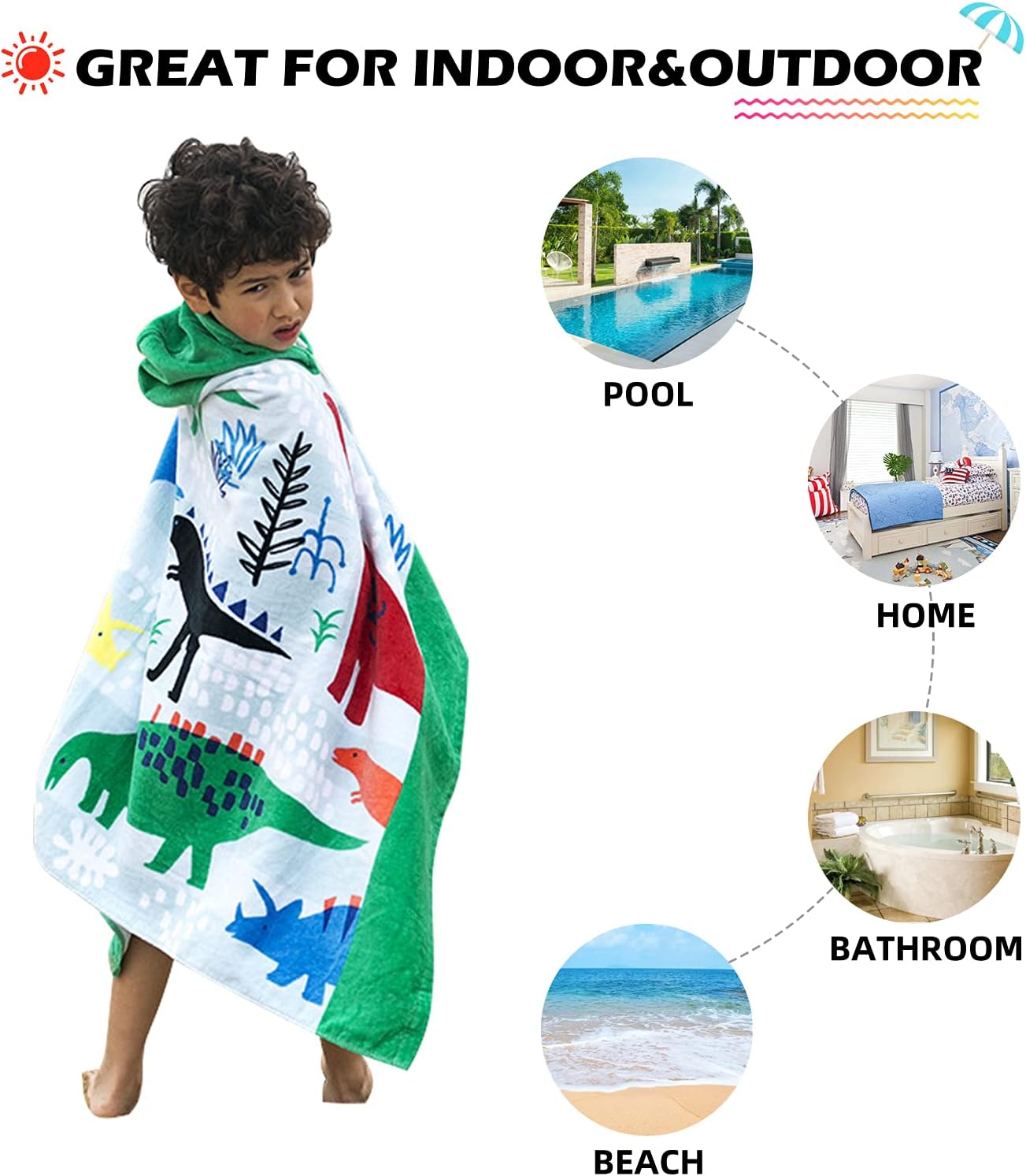 BANGSAUR Kids Hooded Bath Beach Towel, 100% Cotton 50"x30" Wrap, Toddlers Girls Boys 3-12 Years Coverup(Dinosaurs)