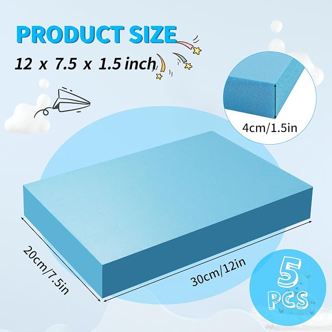 LuckyFoam Blue 5 Pack 12x7.5x1.5 inch Foam Sheets 1.5 Inch Thick | Polystyrene