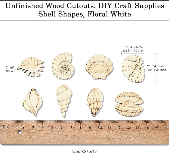 200 Pcs Unfinished Wooden Shell Shapes Blank Wood Slices Seashell Wooden Craft