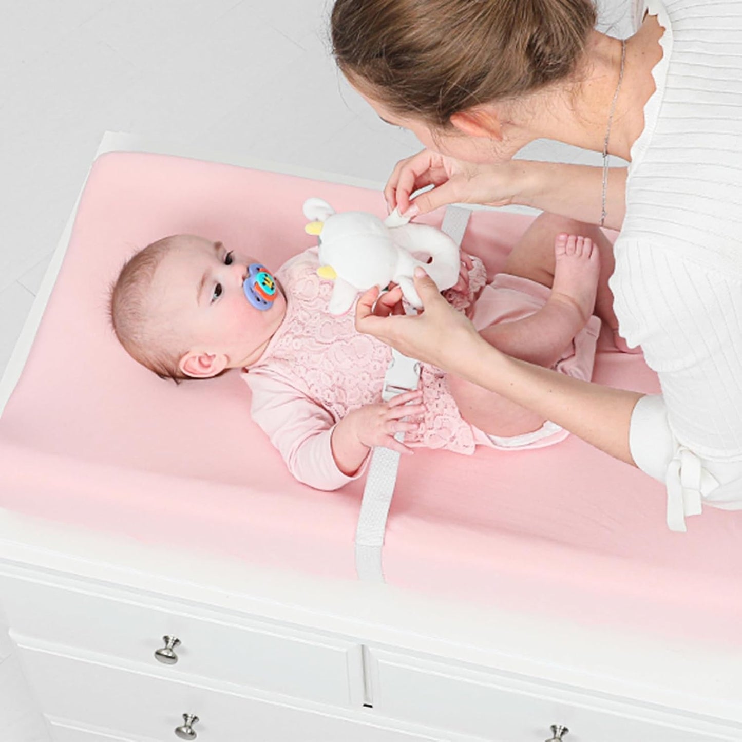 TILLYOU Changing Pad Cover Set in Soft Jersey Material Diaper Changing Pad Cover Girl - Fits 32"/34''x16 Contoured Pad for Babies,Peachy Pink & Lt Gray