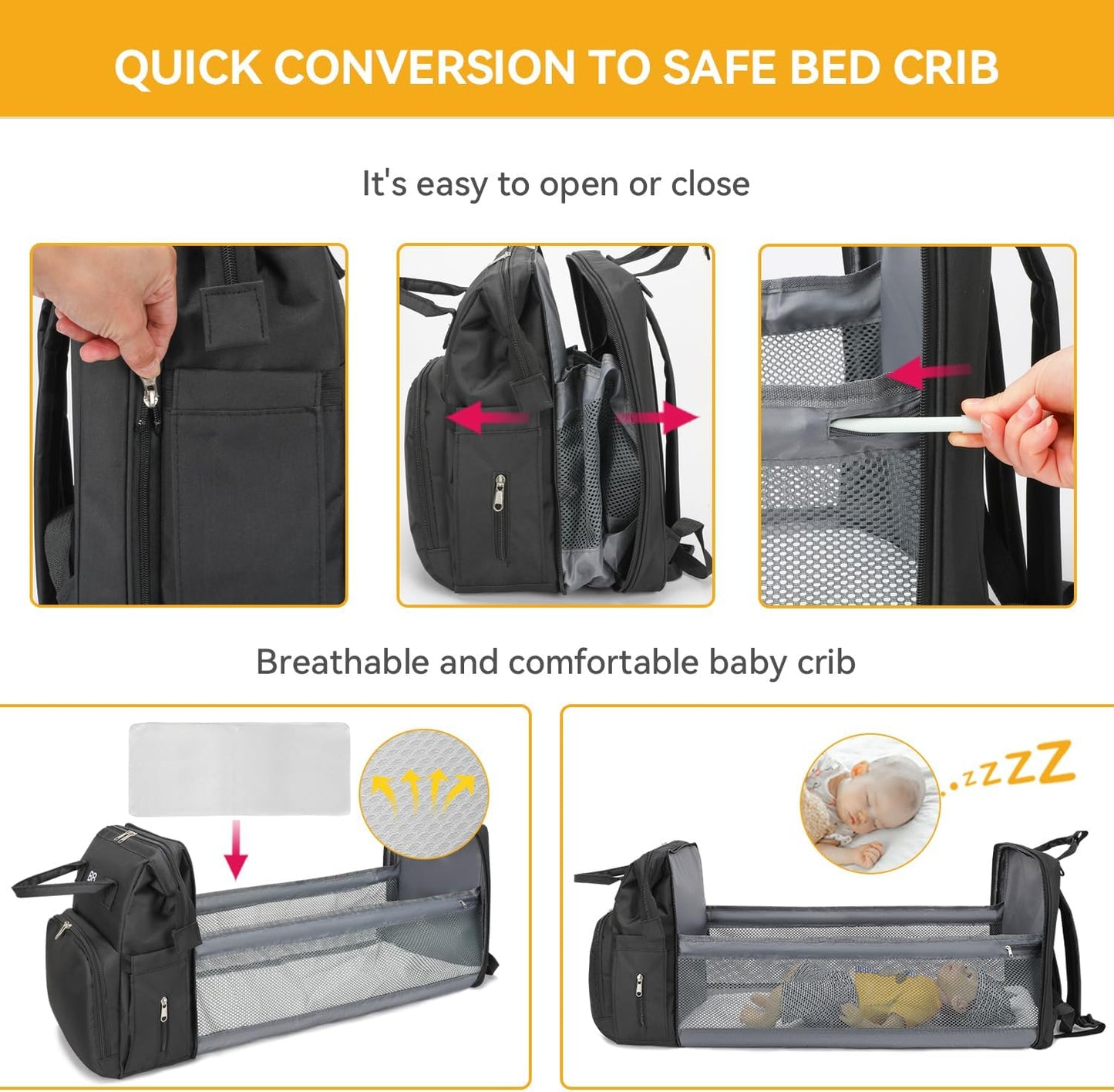 Diaper Bag Backpack with Changing Station – Large Waterproof Baby Bag for Moms & Dads, Pañaleras para Bebe, Multifunctional Diaper Backpack for Baby Girl, Travel Essentials (Black)