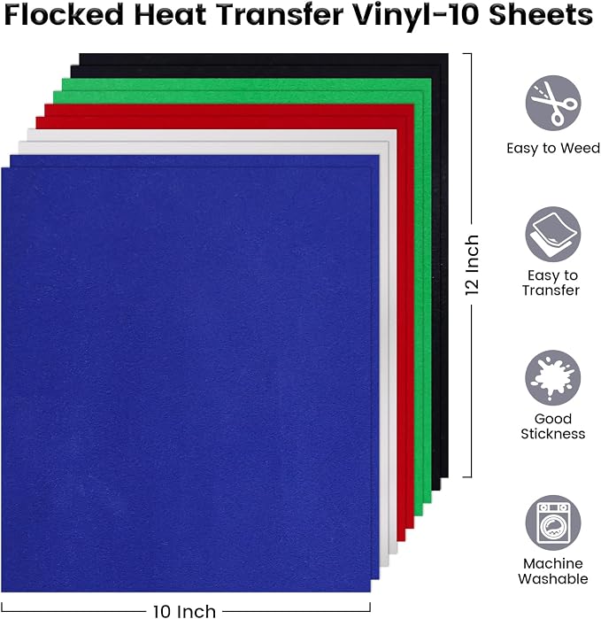 Flocked HTV Vinyl Sheets, Colorful Flock Iron on Vinyl-10 Pcs 12"x10" | Flock