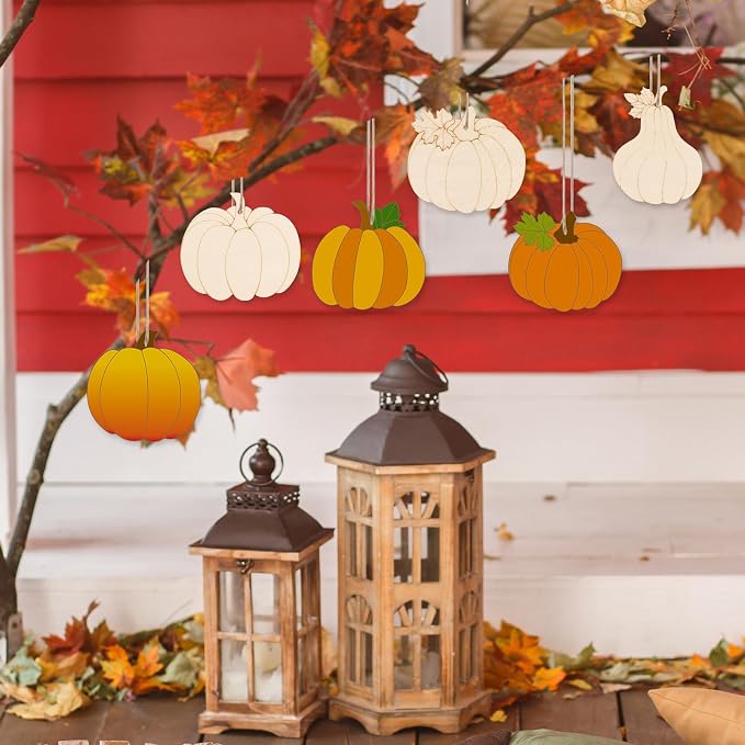 24 PCS Unfinished Wooden Fall Crafts, Pumpkin Shaped Hanging Ornaments DIY Wood