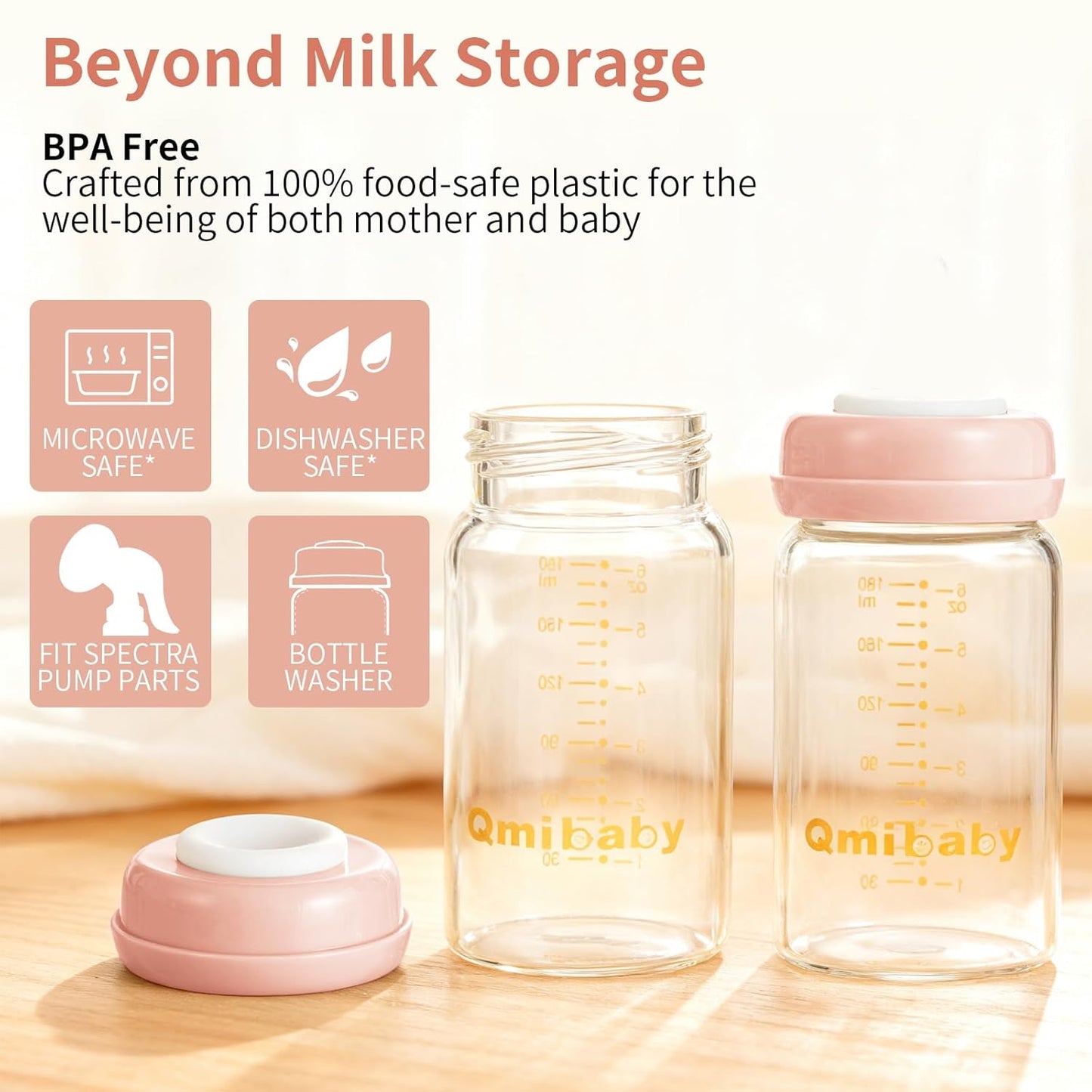 Breast Milk Storage Bottles 180ml 6oz BPA-Free Leak-Proof Natural Baby Bottle for Breastmilk Storage Wide Neck Bottles with Screw Ring Sealing Disk Breastfeeding (Pink, 180ml-6Packs)