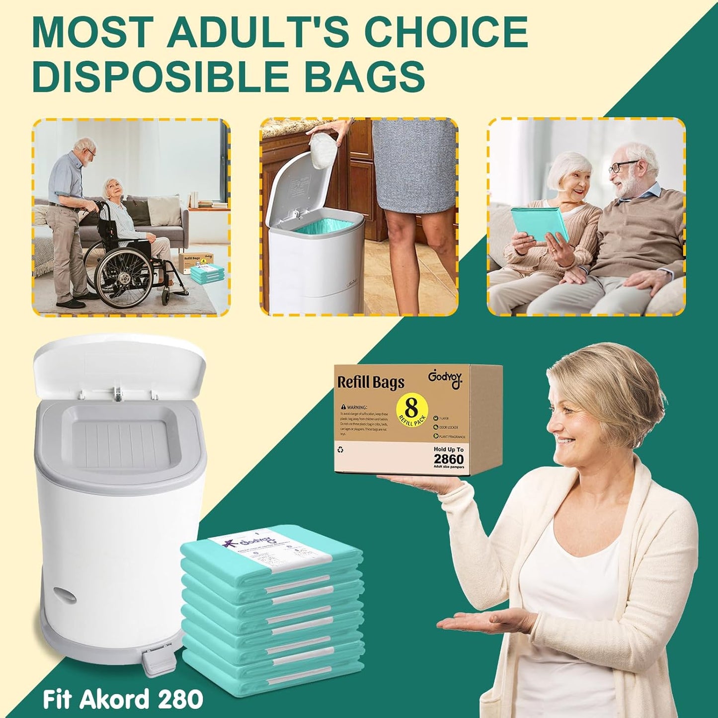 Adult Diaper Liner Refills Compatible with Janibell Akord 280 Slim 8 Pack for 2860 Diapers(Extra 10% Length&30% Thickness) Incontinence Disposal System Plant Scent to Eliminate Waste/Odor Resistant
