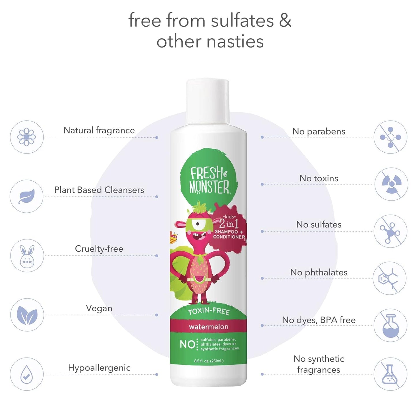 Fresh Monster 2-in-1 Kids Shampoo & Conditioner, Toxin-Free, Hypoallergenic, Tear-free Shampoo & Conditioner for Kids, Watermelon (8.5oz)