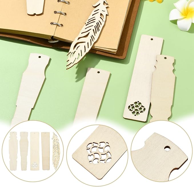 50 pcs 5 Styles Blank Theme Unfinished Wood Cutout Bookmarks Feather Flower
