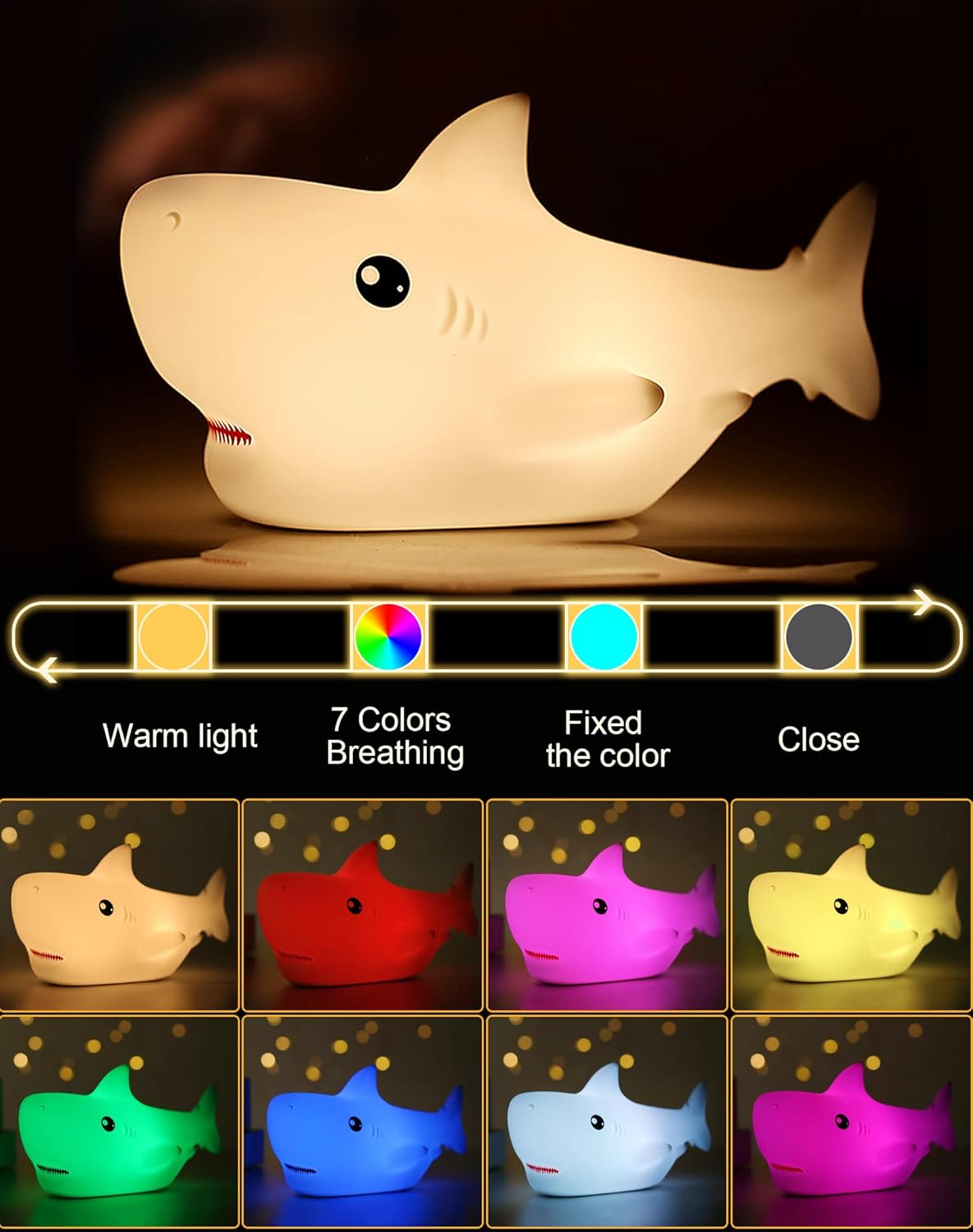 Shark USB Rechargeable Silicone LED Night Light for Kids, Multicolor Cute Nursery Light with Warm White and 7-Color Breathing Mode for Kids Baby Children Bedrooms