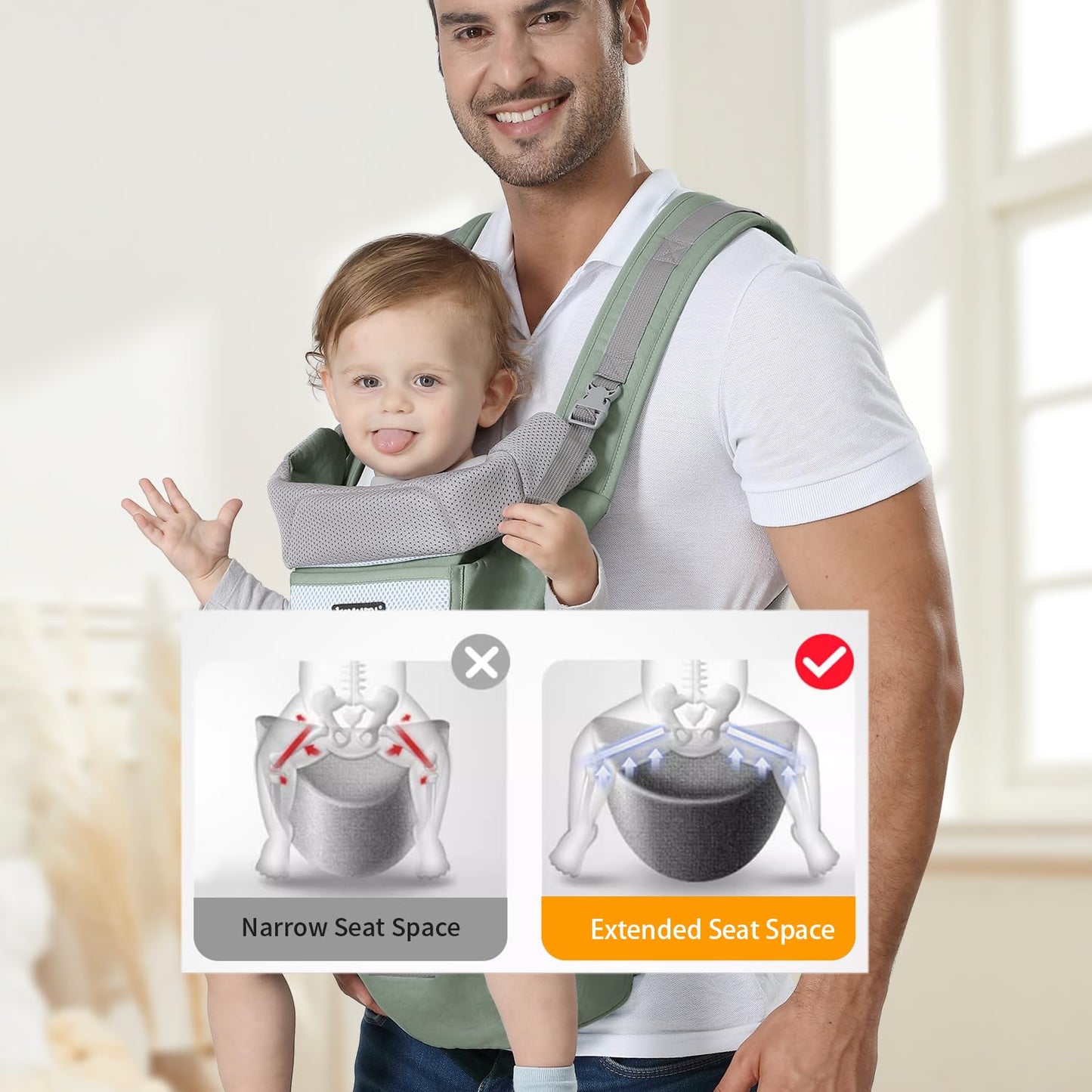 KIYUMI Baby Carrier with Hip Seat, 6- in-1 Baby Carrier Newborn to Toddler, Ergonomic M Position with Head Support and Breathable Mesh,Adjustable Removable Baby Sling Carrier (7-45 lbs) BXLU