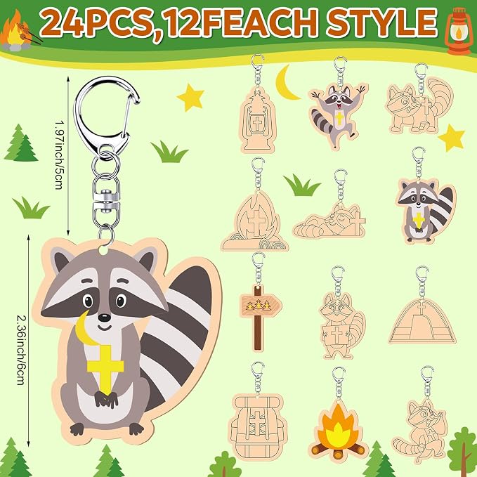 RattanView 24 Pcs Camp Craft Color Your Own Religious Camping Keychains DIY