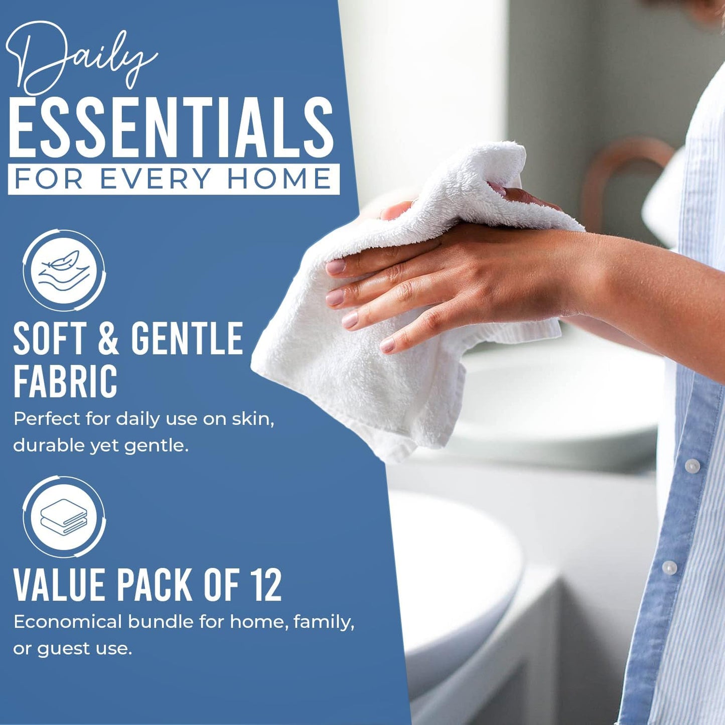 DAN RIVER 100% Cotton Wash Cloths 12 Pack [12x12] Soft & Absorbent wash Cloths for Your face, Gym, Hotels & Spa Perfect for Everyday Use Fingertip Towels, Medium Blue