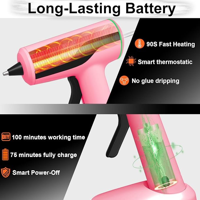 MONVICT Cordless Hot Glue Gun Kit, USB-C Rechargeable Mini Pink Glue Gun