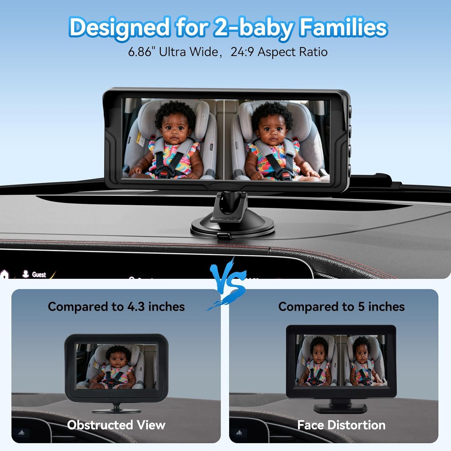 Dual Baby Car Camera for 2 Kids - 6.86 Inch IPS AHD 1080P Split Screen Monitor with 2 Backseat Cameras, Cigarette Lighter & USB Powered, IR Night Vision, 360° Rotatable, Rear-Facing Mirror