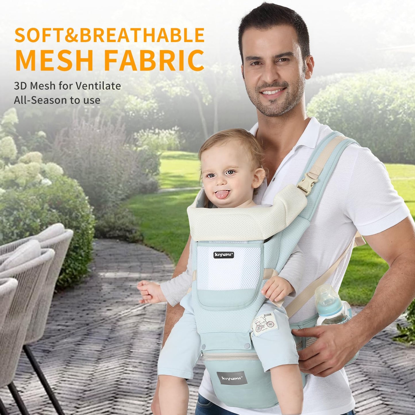 KIYUMI Baby Carrier with Hip Seat, 6- in-1 Baby Carrier Newborn to Toddler, Ergonomic M Position, Head Support and Breathable Mesh,Adjustable Removable Baby Sling Carrier (7-45 lbs), STARSKYBLUE