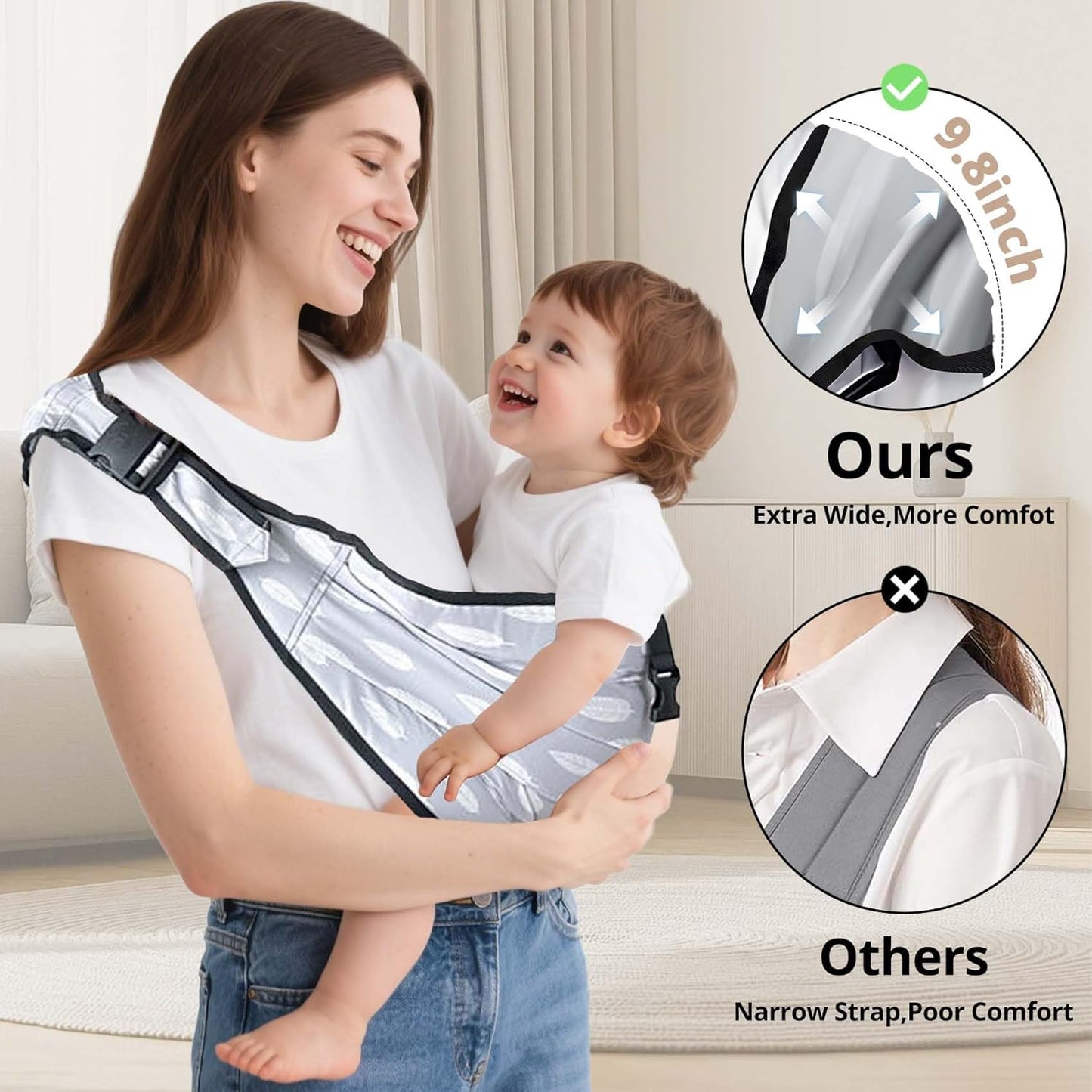 Baby Sling Carrier with Hip Seat - Adjustable & Safety Certified, Ergonomic Non-Slip Design for Newborn to Toddler (0-36 Months) -Carrying 8-35lbs Gray Feather
