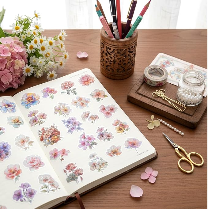 30 PCS Sparkly Flower Stickers Clear Glitter Floral Stickers Holographic PET