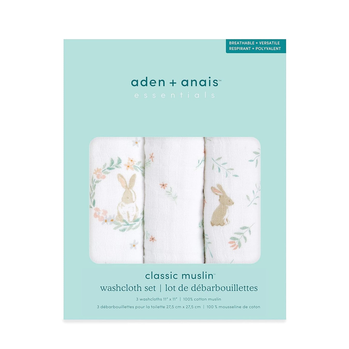 aden + anais Essentials Washcloth 3-Pack, Super Soft 100% Cotton Muslin, Gentle on Skin, 3 Absorbent 11x11 Layers, Softer with Every Use, Perfect for Babies, Infants, Toddlers, Blushing Bunnies