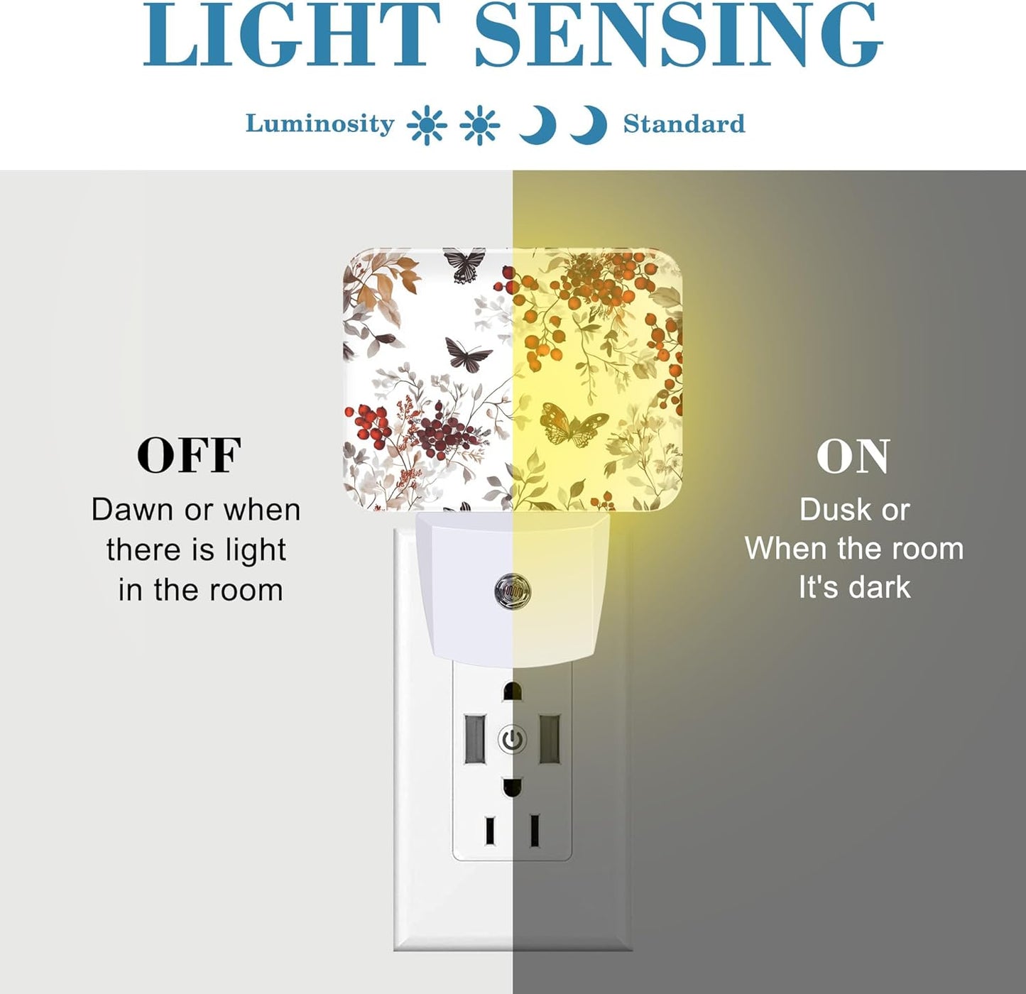 Vintage Wildflower Plants Night Light Plug into Wall, Butterfly Night Light with Dusk to Dawn Sensor for Kid Girls Boys Women Men Room, Hallway, Kitchen, Bathroom, Stairs Decor