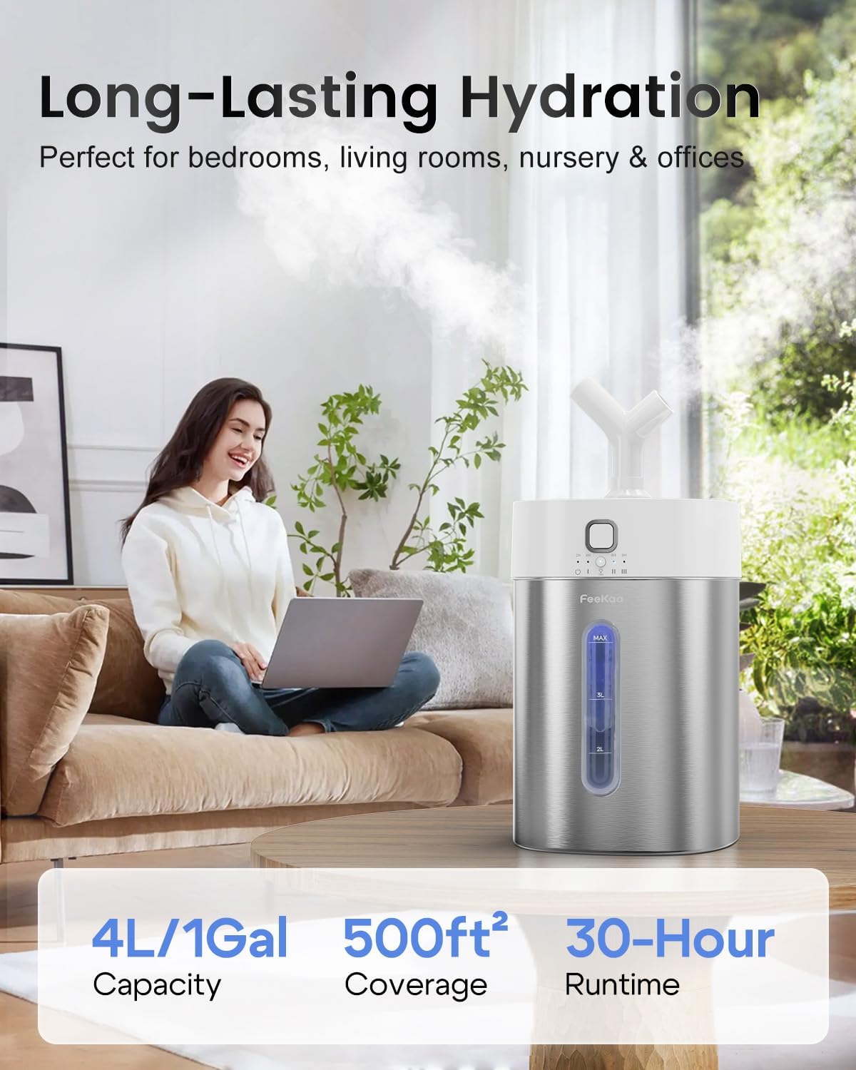 Feekaa Stainless Steel Humidifier, 4L/1Gal Cool Mist Humidifiers for Bedroom up to 500 sq ft, Easy Clean Dishwasher Safe Humidifier Large Room, Humidifiers for Bedroom Nursery Baby Living Room Office