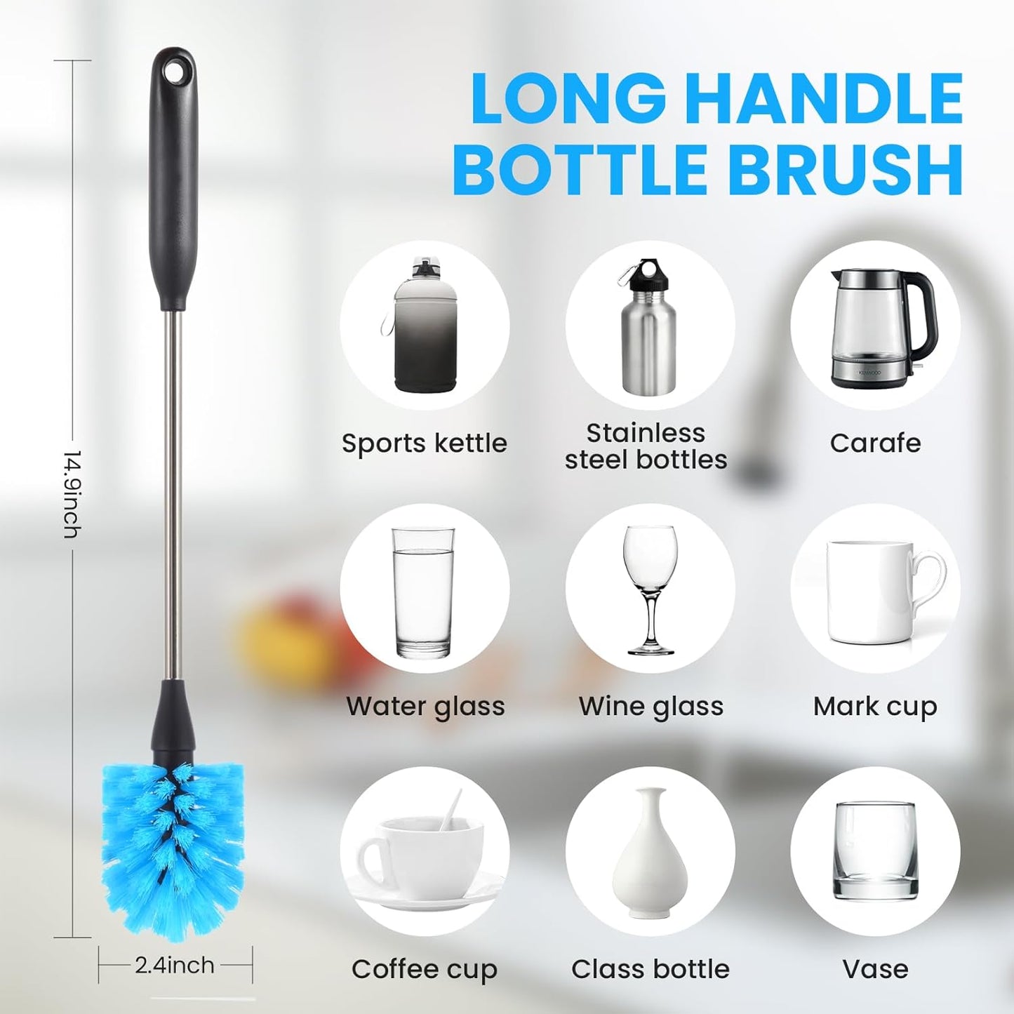 5 Pack Bottle Brush, Straw Cleaner Brush & Water Bottle Brush,15in Stainless Steel Brush, 3 Straw Brushes, 3-in-1 Bottle Cleaning Brush for Water Bottle, Coffee Mugs, Straws-Blue