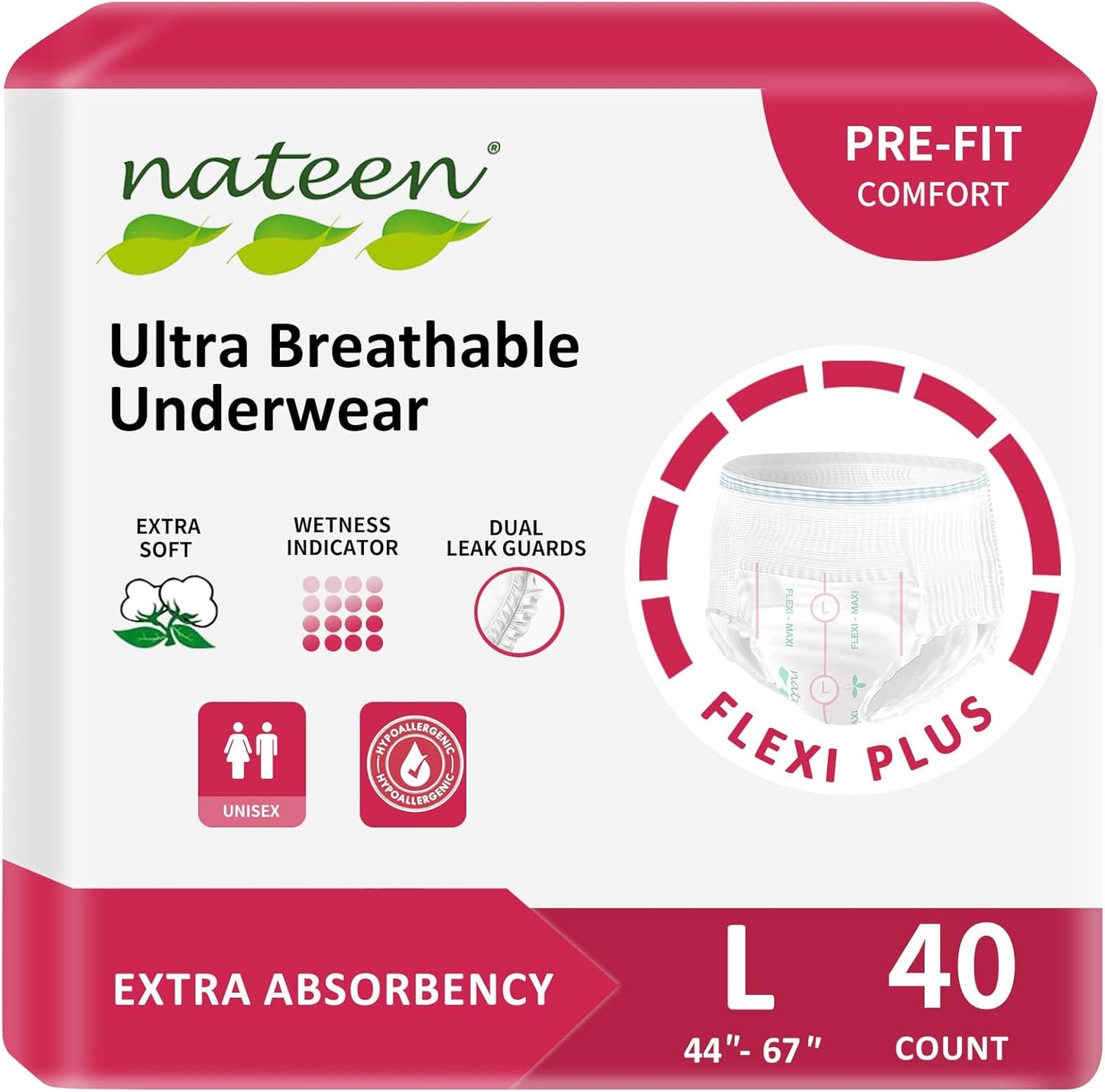 Nateen Flex Plus Adult Incontinence Underwear for Women and Men，Extra Absorbency Adult Pull Ups,Soft Cloth-Like Adult Diapers, Large, 40 Count