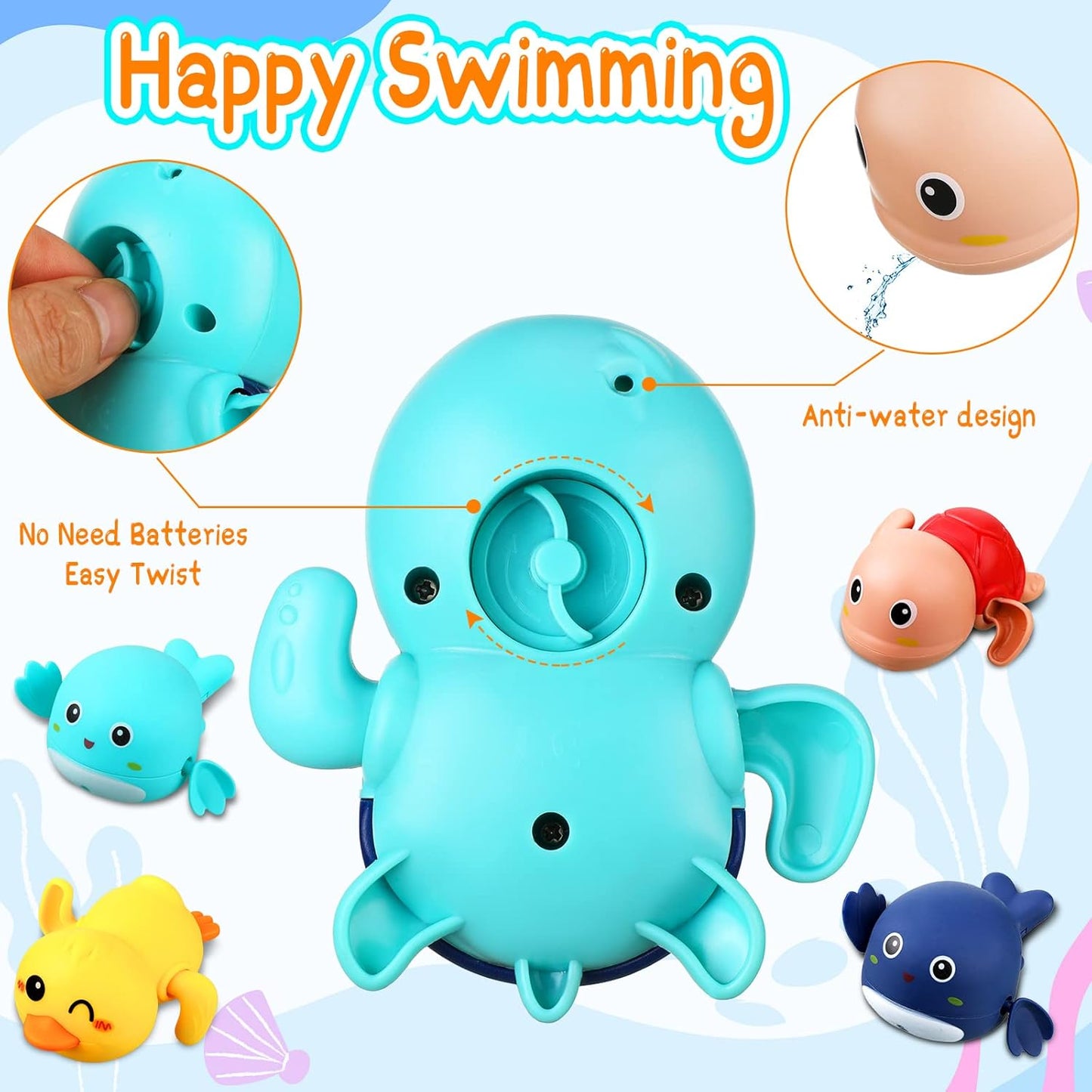 Bath Toys Sets Include 12 Pcs Wind up Floating Toys with 2 Pcs Duck Shape Fishing Net, Swimming Pool Games Bathtub Shower Toy, Turtle Whale Duck Crab for Boys Girls Funny Gifts