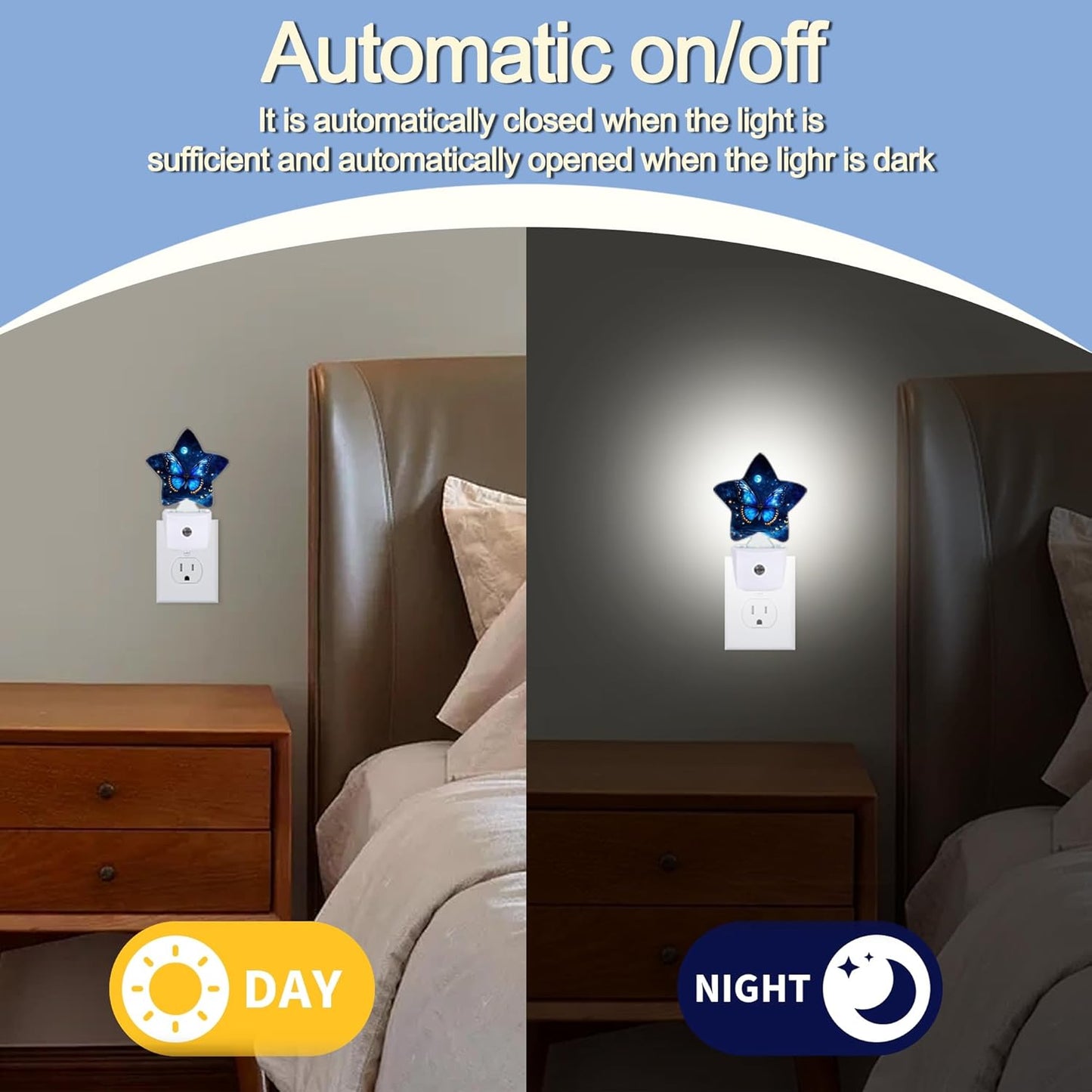 Blue Butterfly Moon Dusk to Dawn Star Night Light,Starry Sky Smart Sensor Nightlight for Bedroom Kitchen Hallway Stairs,Plug-in Energy Efficient Decor Desk Lamp Women Men Gifts