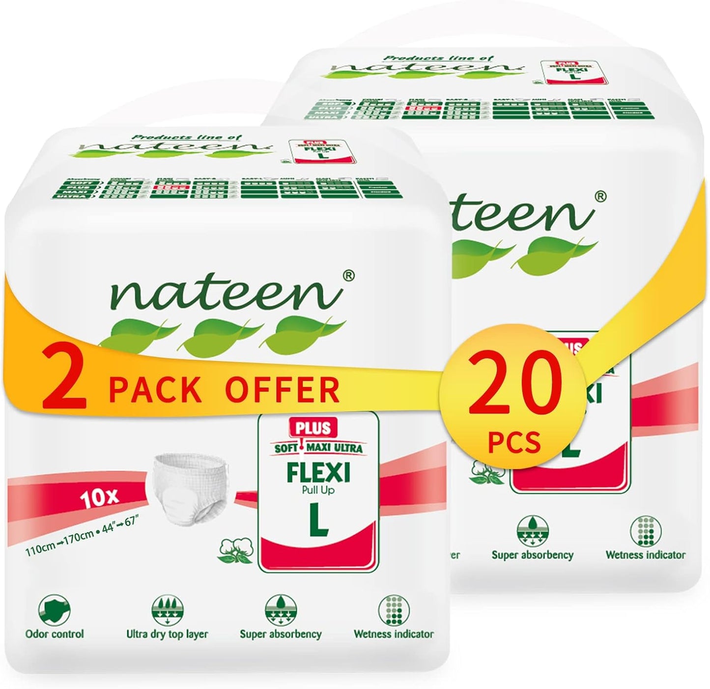 Nateen Flex Plus Adult Incontinence Underwear for Women and Men，Extra Absorbency Adult Pull Ups,Soft Cloth-Like Adult Diapers, Large, 20 Count