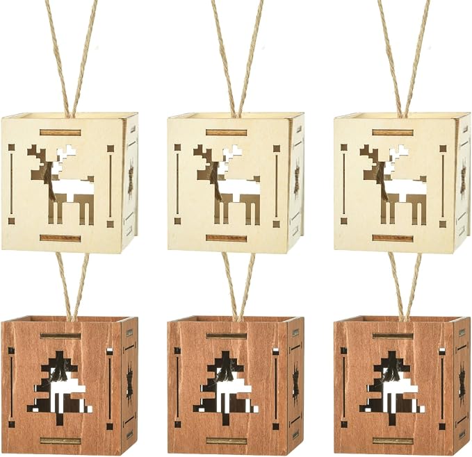 6 pcs 2 Styles Christmas Splicing Theme Undyed Wooden Cutout Charms Square