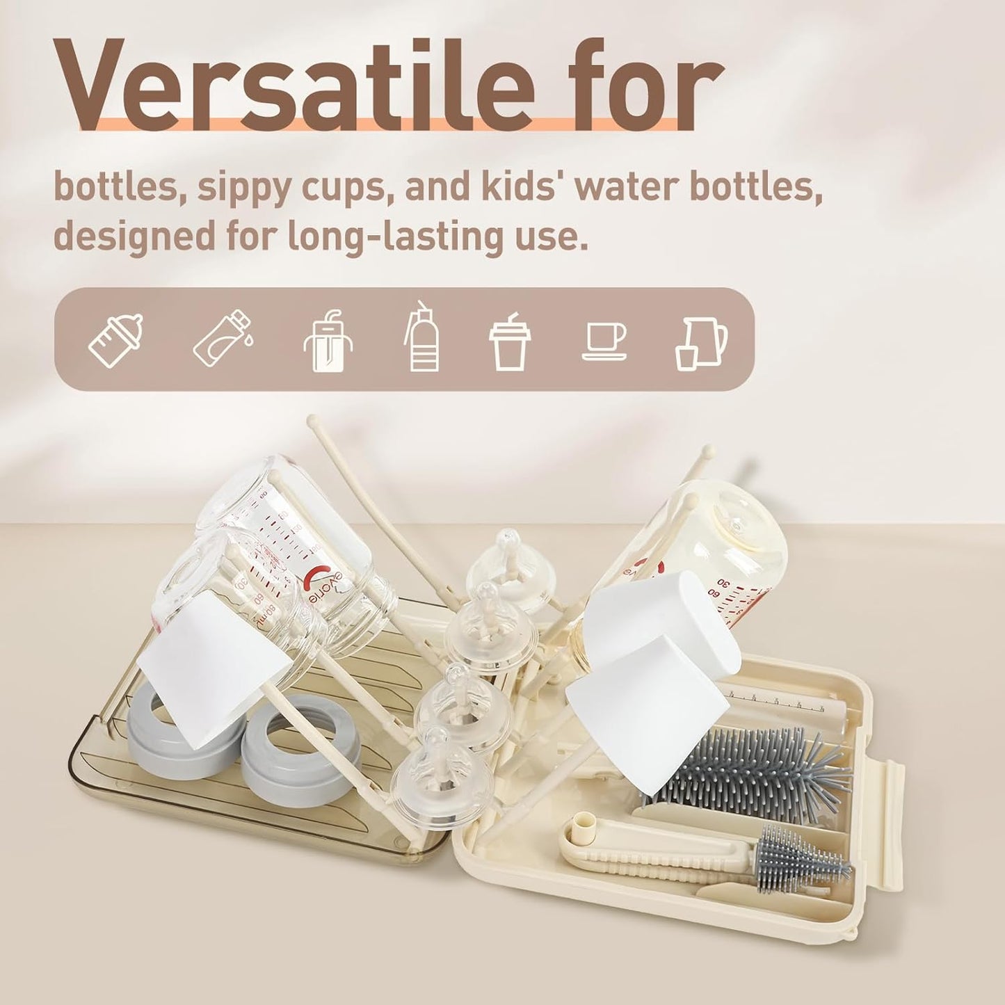 Baby Bottle Brush Set, 6-in-1 Travel Bottle Cleaning Kit with Silicone Bottle Brush, Nipple & Straw Brush, Soap Dispenser, Drying Rack, Storage Box – Compact Travel Baby Essential for Home & On-The-Go