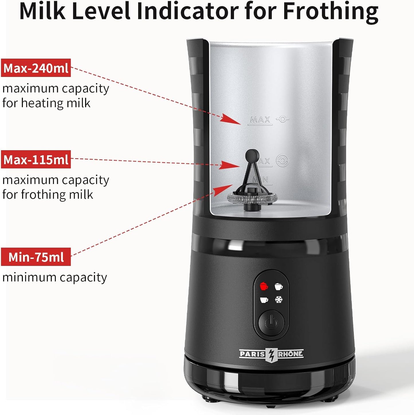 Milk Frother, Paris Rhône 4-in-1 Milk Steamer and Frother, Hot & Cold Foam Milk Warmer with Temperature Control, Auto Shut-Off Frothers for Coffee, Latte, Cappuccino, Macchiato