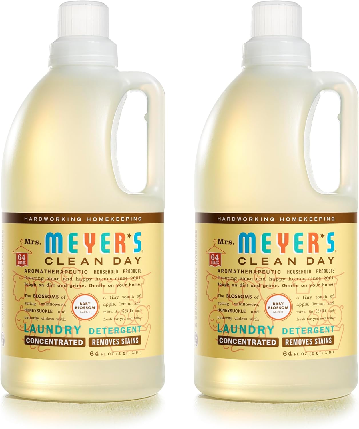 MRS. MEYER'S CLEAN DAY Baby Laundry Detergent Liquid, Infused with Essential Oils, Baby Blossom, 64oz - Pack of 2 (128 Loads)