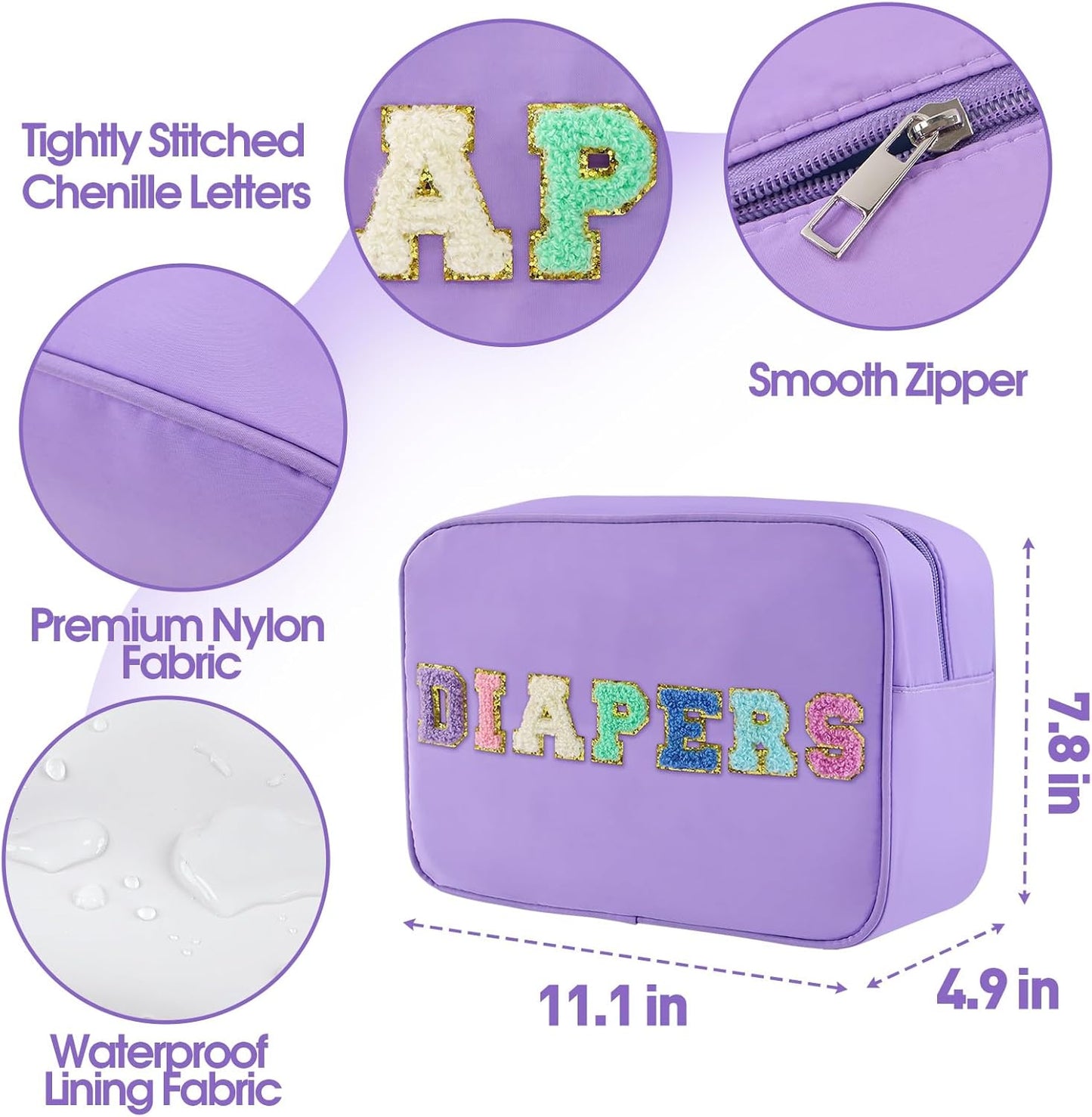 Portable Small Diaper Bag, Chenille Letter Diaper Caddy Organizer Pouch Newborn Baby Essentials Must Haves for Nursery Changing Table, Purple Waterproof Diaper Pail Baby Shower Gifts for Mom To Be