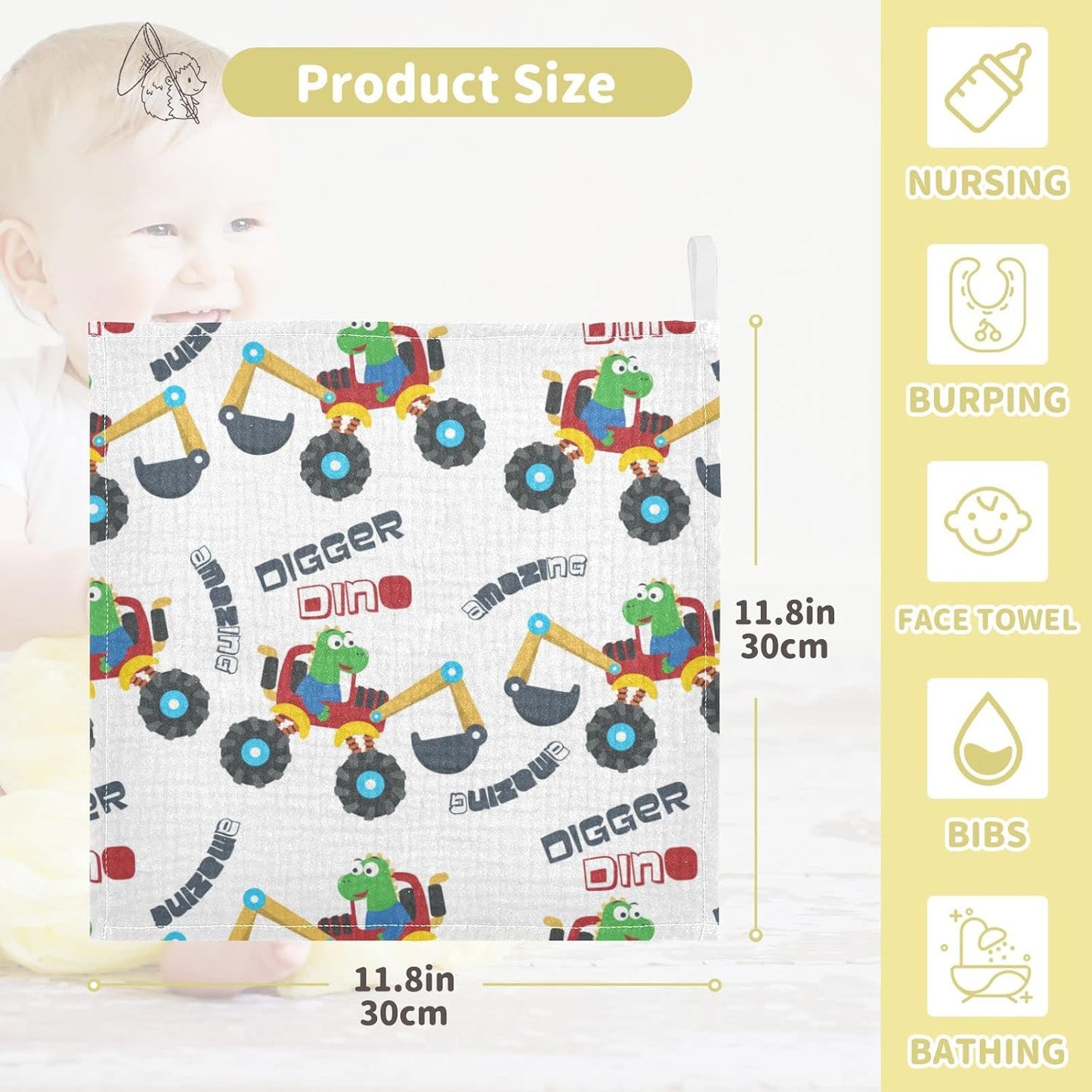 Dinosaurs Monster Truck Baby Muslin Washcloths Cartoon Digger Dino Burp Cloths Soft Absorbent Baby Wash Cloth Fingertip Face Towels for Newborn Boys Girls 12 x 12 in, 3 Pack
